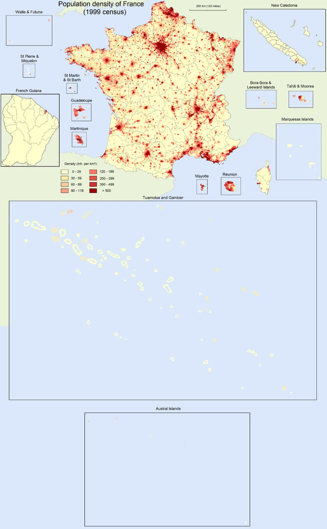 Population density in the French Republic at the 1999 census