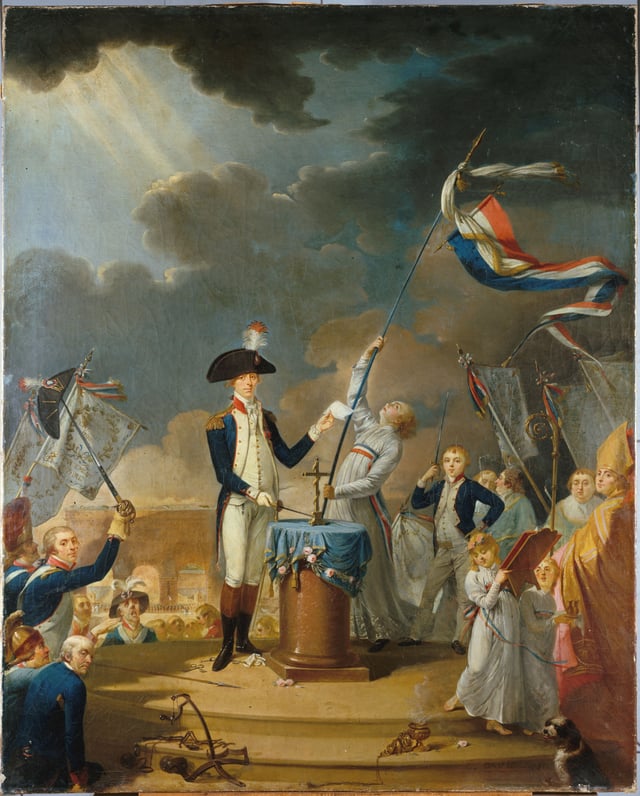 The oath of La Fayette at the Fête de la Fédération, 14 July 1790. Talleyrand, then Bishop of Autun, can be seen at the extreme right. French School, 18th century. Musée Carnavalet.