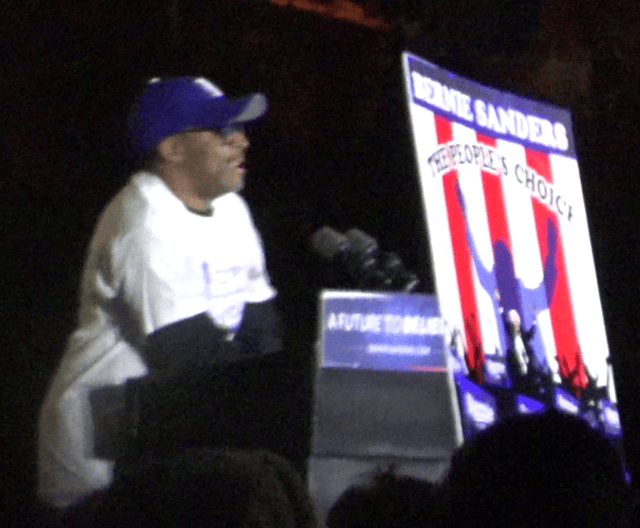 Lee speaking at a rally in support of the presidential campaign of Bernie Sanders in Washington Square Park, April 2016