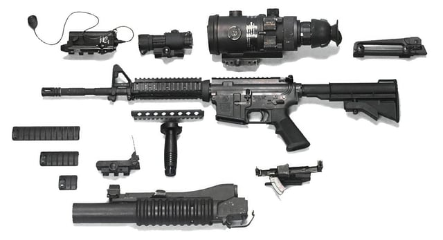 The M4 carbine, a modern-day service rifle capable of being fired automatically. It is in service by the U.S. military and has a wide ability for customization.
