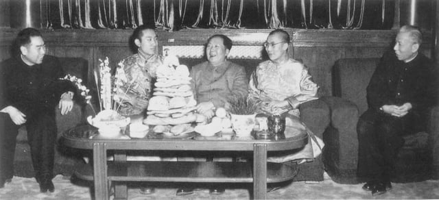 Mao and Zhou Enlai meeting with Dalai Lama (right) and Panchen Lama (left) to celebrate Tibetan New Year, Beijing, 1955