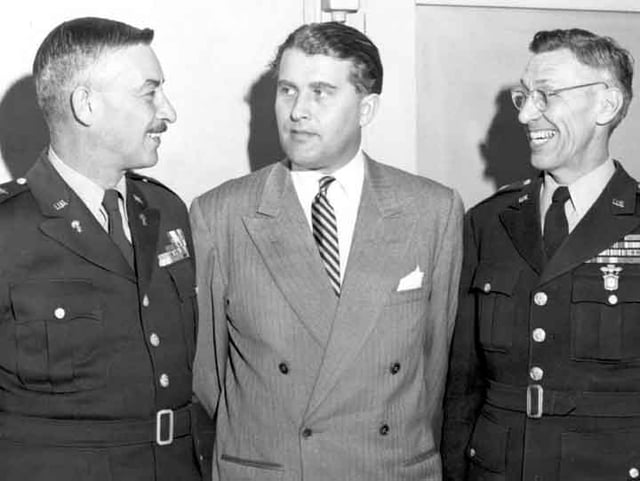 RSA commander Maj. Gen. John Medaris, Wernher von Braun, and RSA deputy commander Brig. Gen. Holger Toftoy (l−r:) in the 1950s