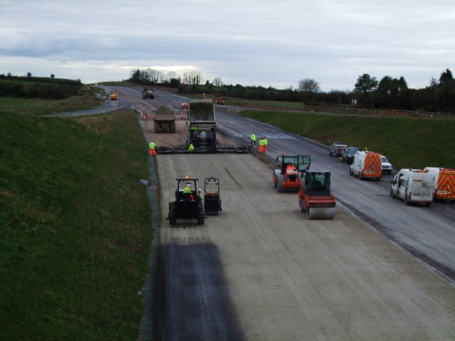Sub-base layer composed of cement-based material being applied during construction of the M8 motorway in Ireland