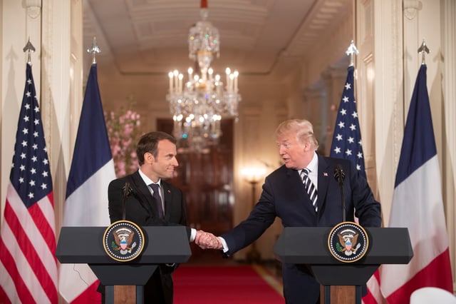 French President Emmanuel Macron (left) and U.S. President Donald Trump (right) meet in Washington, April 2018.