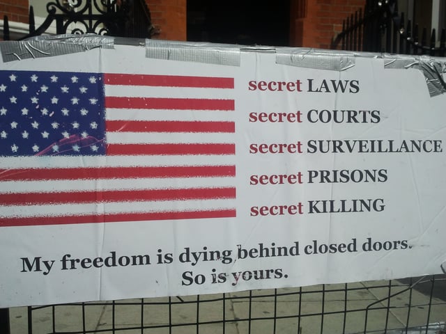 Placard in front of Embassy of Ecuador, London, 22 August 2012