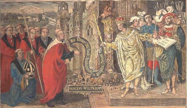 Engraving showing Cædwalla confirming the granting of land to Wilfrid to build his monastery in Selsey.