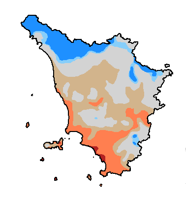 Thornthwaite climate classification of Tuscany A: Im > 100 B: 80 < Im < 100 B1-B2: 20 < Im < 80 C2: 0 < Im < 20 C1: −33,3 < Im < 0 D: Im < −33,3