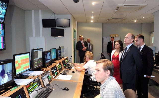 Vladimir Putin during a visit to the new RT broadcasting centre