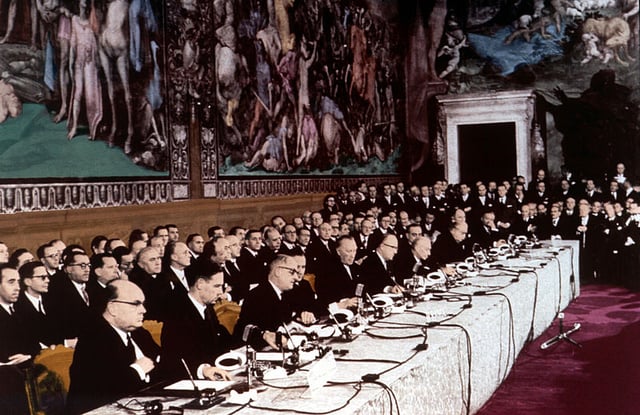 The signing ceremony of the Treaty of Rome on 25 March 1957, creating the European Economic Community, forerunner of the present-day European Union. Italy is a founding member of all EU institutions.