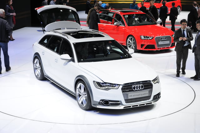 Two Audis presented at the 2012 Geneva Motor Show, the A6 allroad quattro and the RS4 Avant