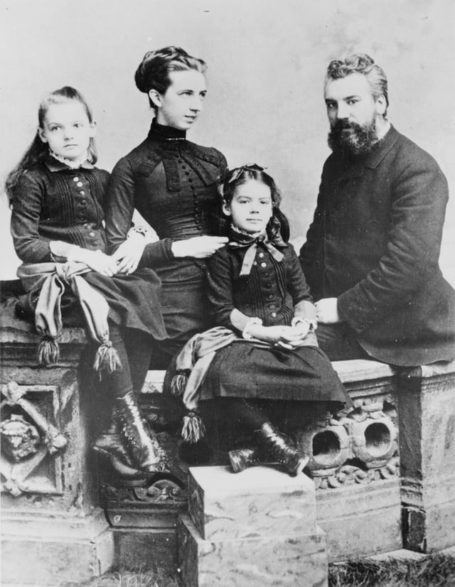 Alexander Graham Bell, his wife Mabel Gardiner Hubbard, and their daughters Elsie (left) and Marian ca. 1885