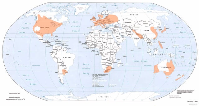 Areas worldwide where tornadoes are most likely, indicated by orange shading