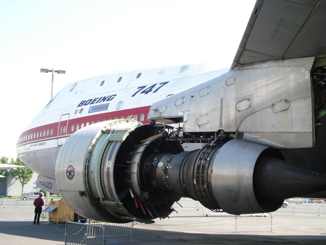 The Pratt & Whitney JT9D high-bypass turbofan engine was developed for the 747.
