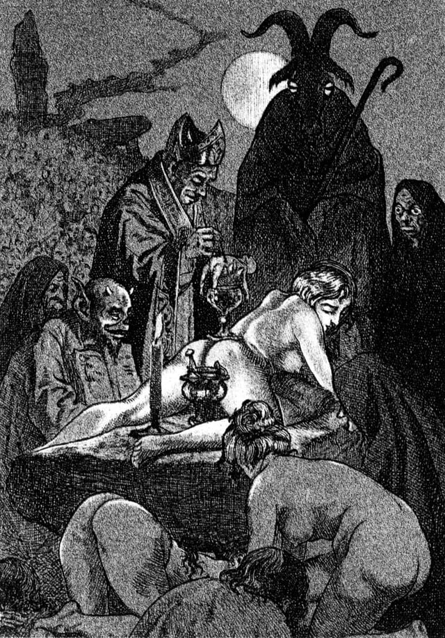 During the early modern period, witches were widely believed to engage in sexually explicit Satanic rituals with demons, such as the one shown in this illustration by Martin van Maële in the 1911 edition of Satanism and Witchcraft by Jules Michelet.