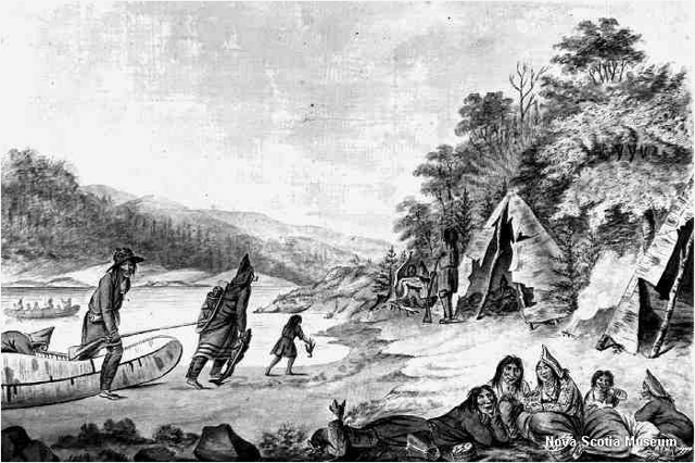 Miꞌkmaw Encampment by Hibbert Newton Binney, c.1791