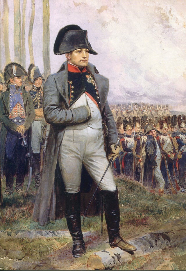 Napoleon is often represented in his green colonel uniform of the Chasseur à Cheval of the Imperial Guard, the regiment that often served as his personal escort, with a large bicorne and a hand-in-waistcoat gesture.