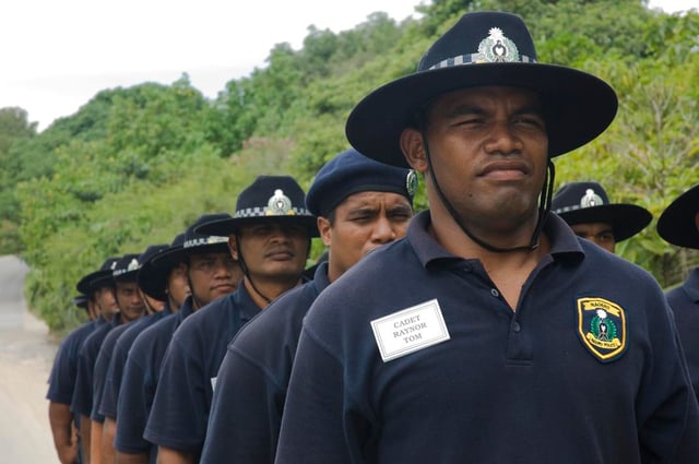 Nauruan police cadets undergoing training. Nauru has no armed forces, though there is a small police force under civilian control.