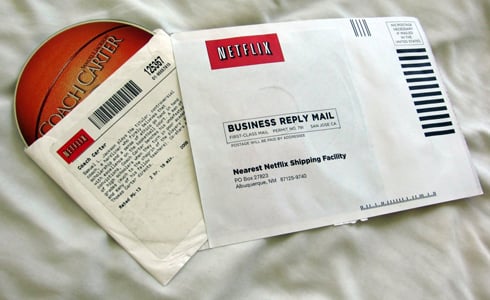 Opened Netflix rental envelope containing a DVD of Coach Carter