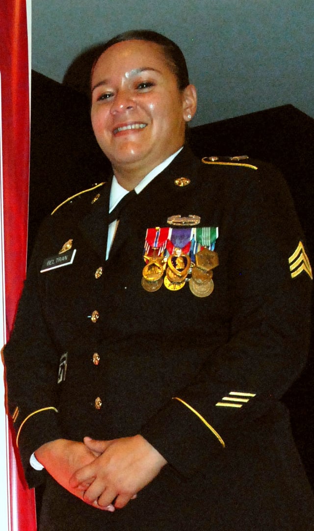 Army National Guard sergeant Monica Beltran in 2012, wearing a Bronze Star Medal with Valor device alongside the Purple Heart.