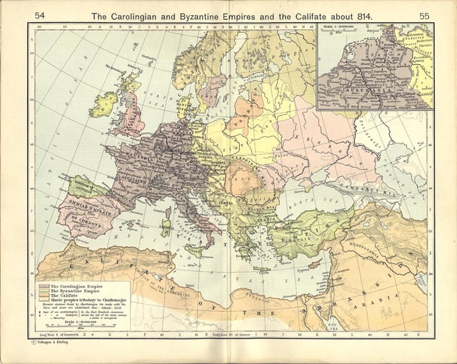 Map of Europe and the Mediterranean in the early 9th century, from William R. Shepherd's Historical Atlas.  Abbasid Caliphate   Khazar Khaganate   Byzantine Empire   Carolingian Empire