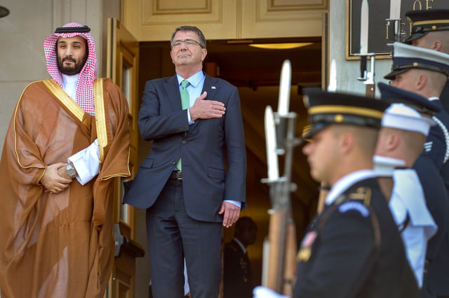 Crown Prince and Defence Minister Mohammad with U.S. Secretary of Defense Ashton Carter, Pentagon, 13 May 2015
