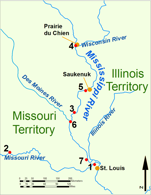 The Upper Mississippi River during the War of 1812. 1: Fort Bellefontaine U.S. headquarters; 2: Fort Osage, abandoned 1813; 3: Fort Madison, defeated 1813; 4: Fort Shelby, defeated 1814; 5: Battle of Rock Island Rapids, July 1814 and the Battle of Credit Island, Sept. 1814; 6: Fort Johnson, abandoned 1814; 7: Fort Cap au Gris and the Battle of the Sink Hole, May 1815