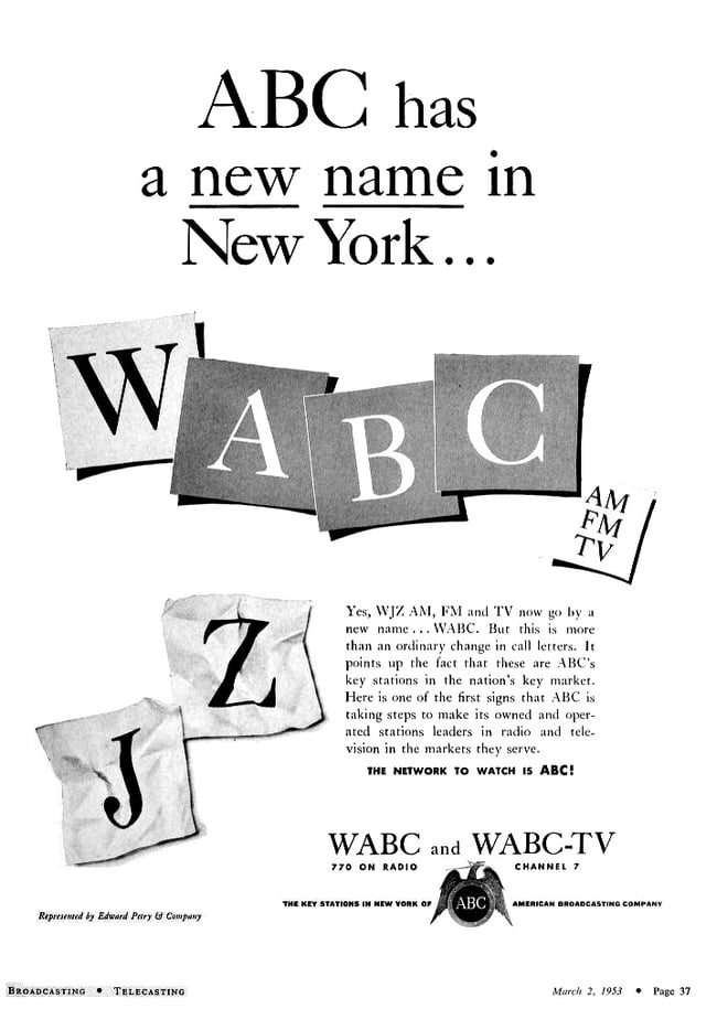 March 1953 advertisement announcing the call letter change from WJZ-TV to WABC-TV.