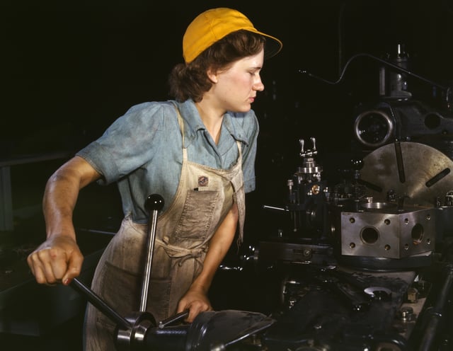 A female factory worker in 1942, Fort Worth, Texas. Women entered the workforce as men were drafted into the armed forces.