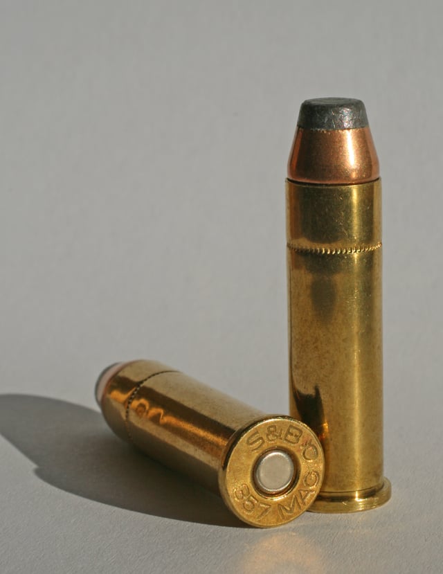 Two .357 Magnum cartridges showing bottom and side views.