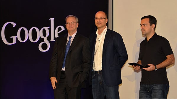 Eric Schmidt, Andy Rubin and Hugo Barra at a 2012 press conference announcing Google's Nexus 7 tablet