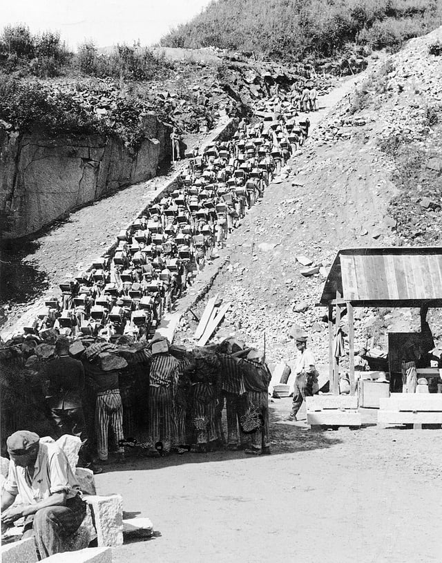 The "stairs of death" at the Weiner Graben quarry, Mauthausen concentration camp, Austria, 1942