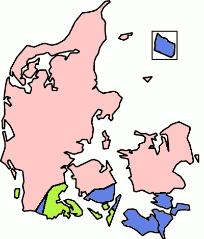 A map showing the distribution of stød in Danish dialects: Dialects in the pink areas have stød, as in standard Danish, while those in the green ones have tones, as in Swedish and Norwegian. Dialects in the blue areas have (like Icelandic, German, and English) neither stød nor tones.