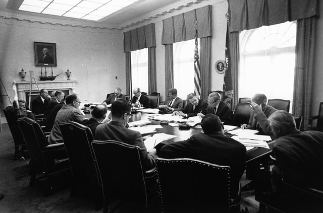 October 29, 1962 EXCOMM meeting held in the White House Cabinet Room. President Kennedy, Robert McNamara and Dean Rusk.