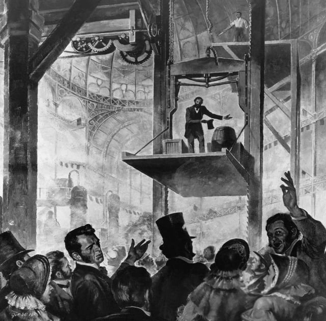 Elisha Otis demonstrating his safety system, Crystal Palace, 1854