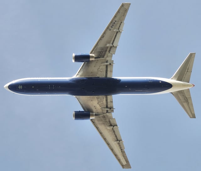 A British Airways 767-300ER with deployed flaps after takeoff
