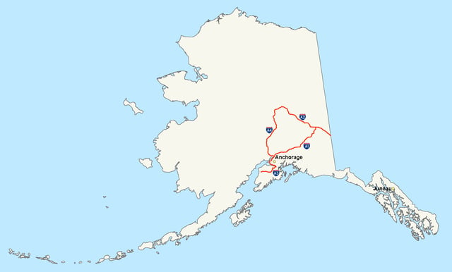Map of routes in Alaska that receive funding from the Interstate program, but are not signed as Interstate Highways