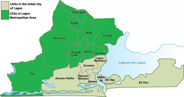 A map showing the 16 LGAs making up Lagos Metropolitan Area