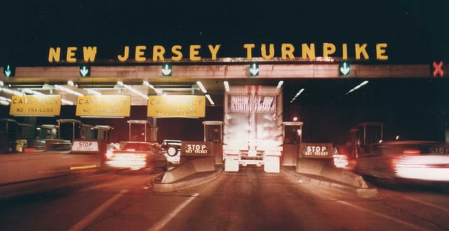 Approaching the exit 11 tollbooths at night in 1992, in the days before E-ZPass