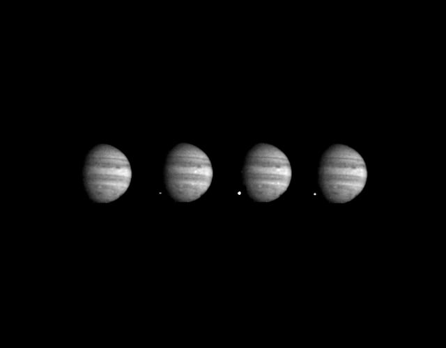 A sequence of Galileo images, taken several seconds apart, showing the appearance of the fireball of fragment W on the dark side of Jupiter
