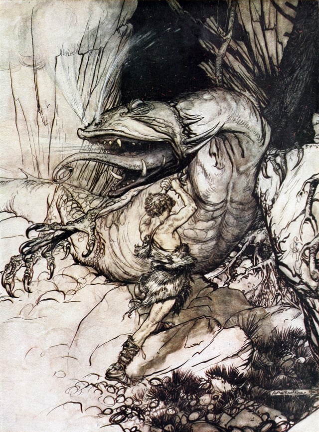 Conan's slaying of Doom's giant snake in the Tower of Serpents recalls Siegfried's slaying of Fafnir the dragon (illustrated) in Wagner's Der Ring des Nibelungen.