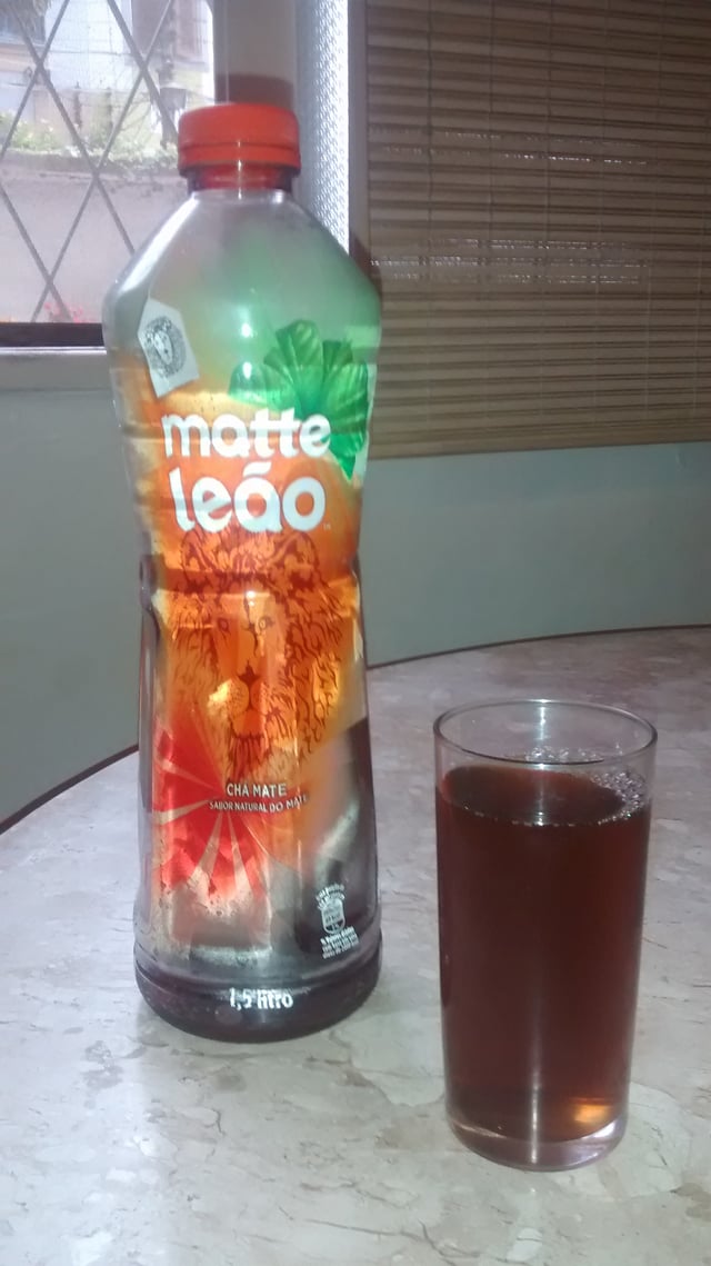 Mate is consumed as an ice tea in various regions of Brazil, in both artisanal and industrial forms. This is a bottle of industrialized mate ice tea, bought from a local supermarket in Rio de Janeiro.