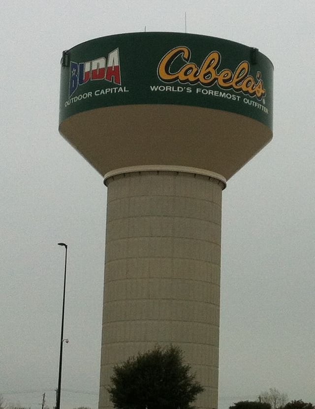 Water tower at Buda, Texas next to Cabela's store