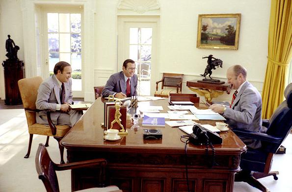 Cheney, Rumsfeld and Ford in the Oval Office, 1975