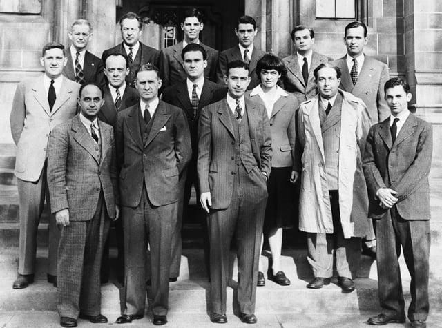 Some of the University of Chicago team that worked on the production of the world's first human-caused self-sustaining nuclear reaction, including Enrico Fermi in the front row and Leó Szilárd in the second.