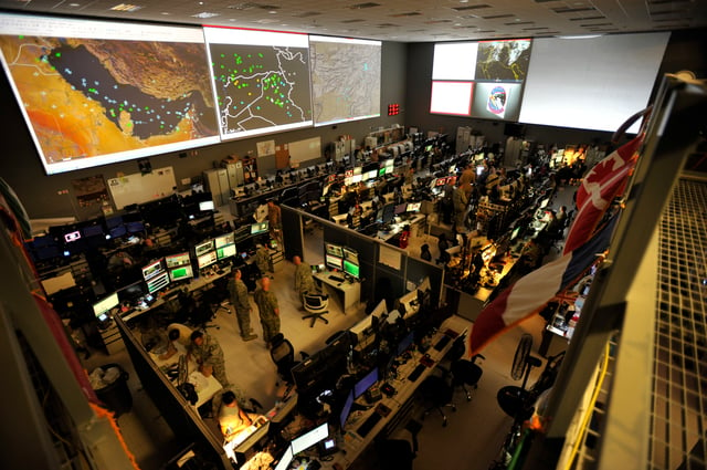 The US Combined Air and Space Operations Center (CAOC) at Al Udeid Air Base provides command and control of air power throughout Iraq, Syria, Afghanistan, and 17 other nations.