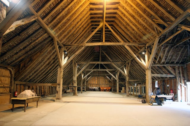 Grange Barn, Coggeshall, England, originally part of the Cistercian monastery of Coggeshall. Dendrochronologically dated from 1237–1269, it was restored in the 1980s by the Coggeshall Grange Barn Trust, Braintree District Council and Essex County Council.