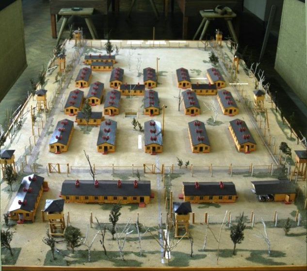 Model of the set used to film The Great Escape. It depicts a smaller version of a single compound in Stalag Luft III. The model is now at the museum near where the prison camp was located.