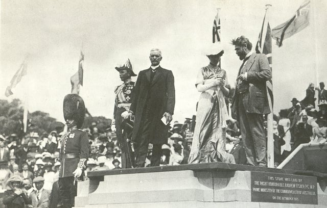 The ceremony for the naming of Canberra, 12 March 1913. Prime Minister Andrew Fisher is standing, centre, in dark suit. To his right is the Governor-General, Lord Denman, and to his left, Lady Denman.