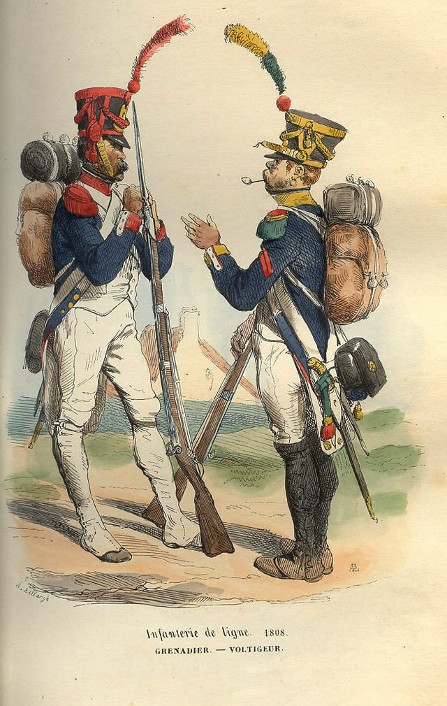 A French Line Infantry grenadier (left) and voltigeur (right) c. 1808, by Hippolyte Bellangé