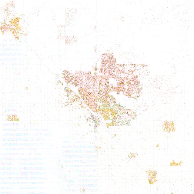 Map of racial distribution in Fresno, 2010 U.S. Census. Each dot is 25 people: White, Black, Asian, Hispanic or Other (yellow)